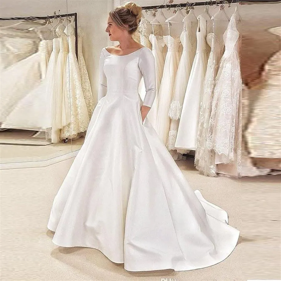 Custom 3 4 Long Sleeves Wedding Dresses 2021 with Pockedts Sweep Train Satin A Line Wedding Bridal Gowns vestidos de novia338x