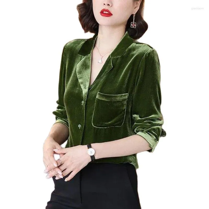 Women's Blouses Fashion Design Gold Velvet Shirt Women's Spring Summer Autumn Blouse Retro V-Neck Pocket Soft Casual Jacket Female 2023