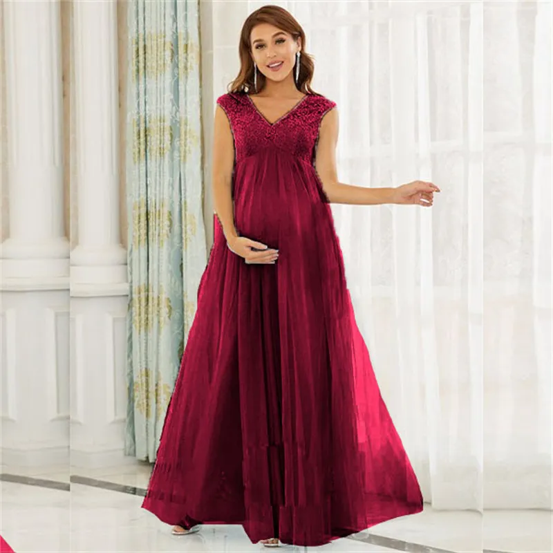 Chiffon Maternity Dresses Photography Props Sexig delad sida maxi klänning för gravid spets ärmlösa kvinnor lång graviditet klänning fotografer 2023 heta