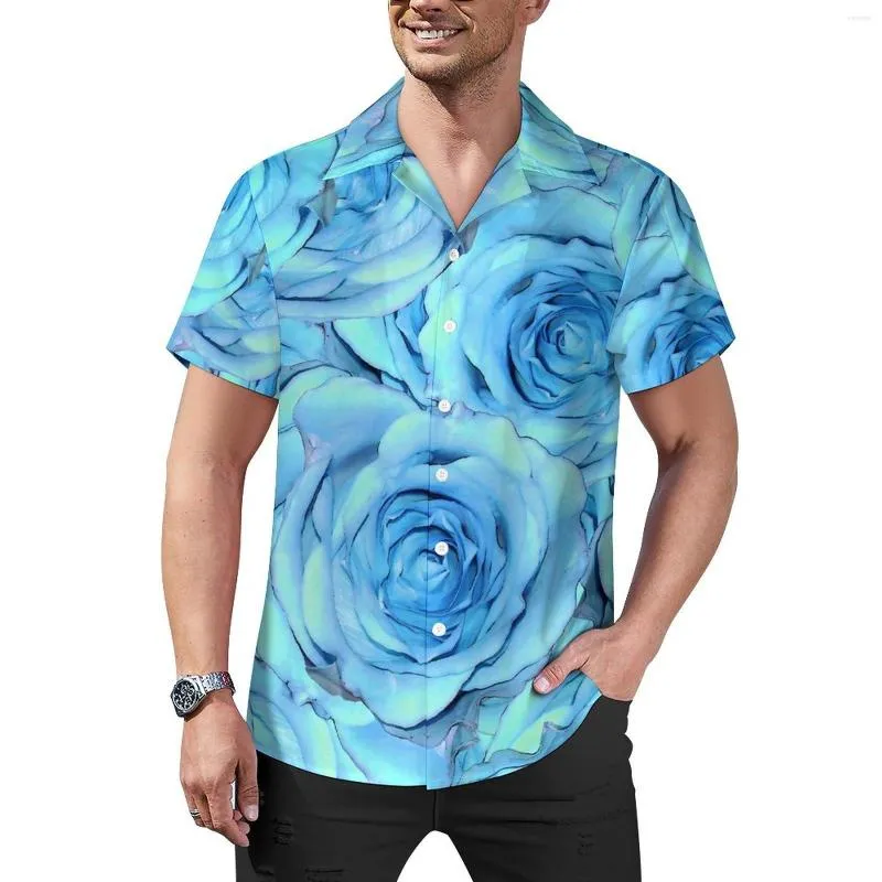 Herren-Freizeithemden, blaues Rosen-Druck-Strandhemd, Blumen-Design, hawaiianischer Mann, Y2K-Blusen, kurzärmeliges, bedrucktes Oberteil, große Größe