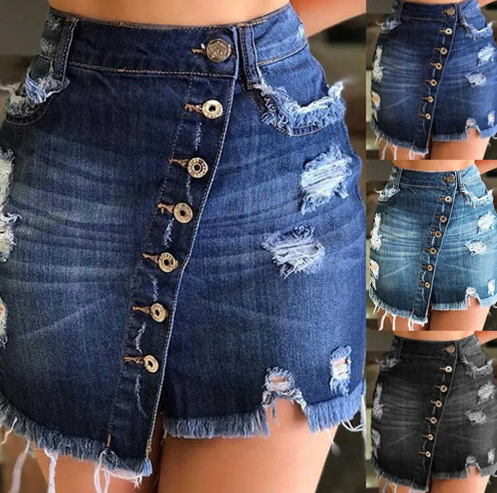 Kvinnors kjolar Summer Button Hole Shorts Denim Sexig solid minikjol Kvinnor Faldas Mujer Moda elegantes mode