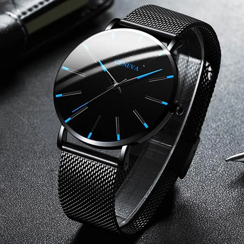 2021 Minimalistiska herrmode Ultravitar Simple Men Business rostfritt stål Mesh Belt Quartz Watch Relogio Masculino311q