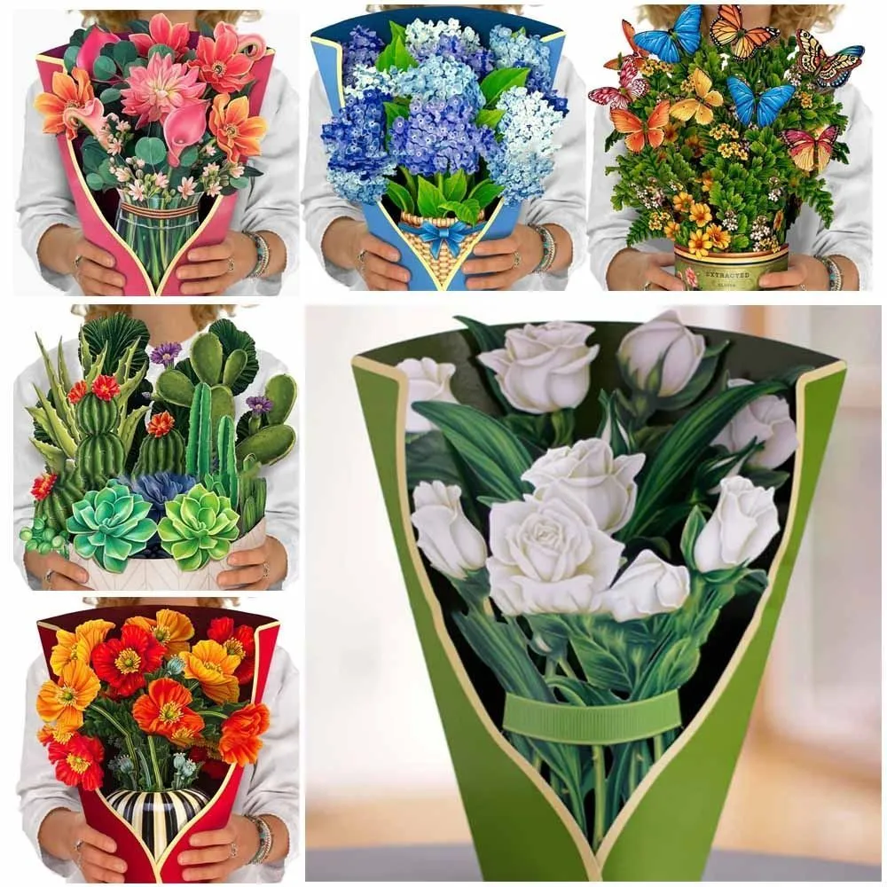 Приветствующие открытки 3D Pop-Up Bouquet Forever Rose/Lily/Sunflower/Tulip Paper Flowers Tropical Bloom для годовщины дня рождения.