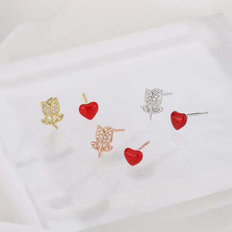 Boucles d'oreilles à tige en argent sterling 999 diamant magnifiquement conçu fleur d'amour asymétrique pour les femmes bijoux purs