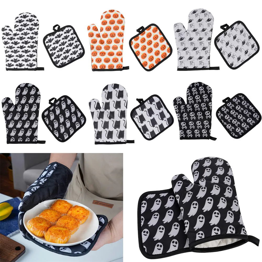 Ensemble de mitaines de four avec impression d'Halloween et gants de protection Isolation thermique pour micro-ondes Anti-brûlure épaissie pour la cuisson au barbecue 230608