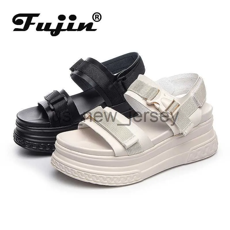 Sandalen Fujin 7 cm Volle Kuh Echtes Leder Sandalen Frauen Schuhe Strand Schuhe Haken Schleife Frauen Sommer Schuhe Slides plattform keil J230608