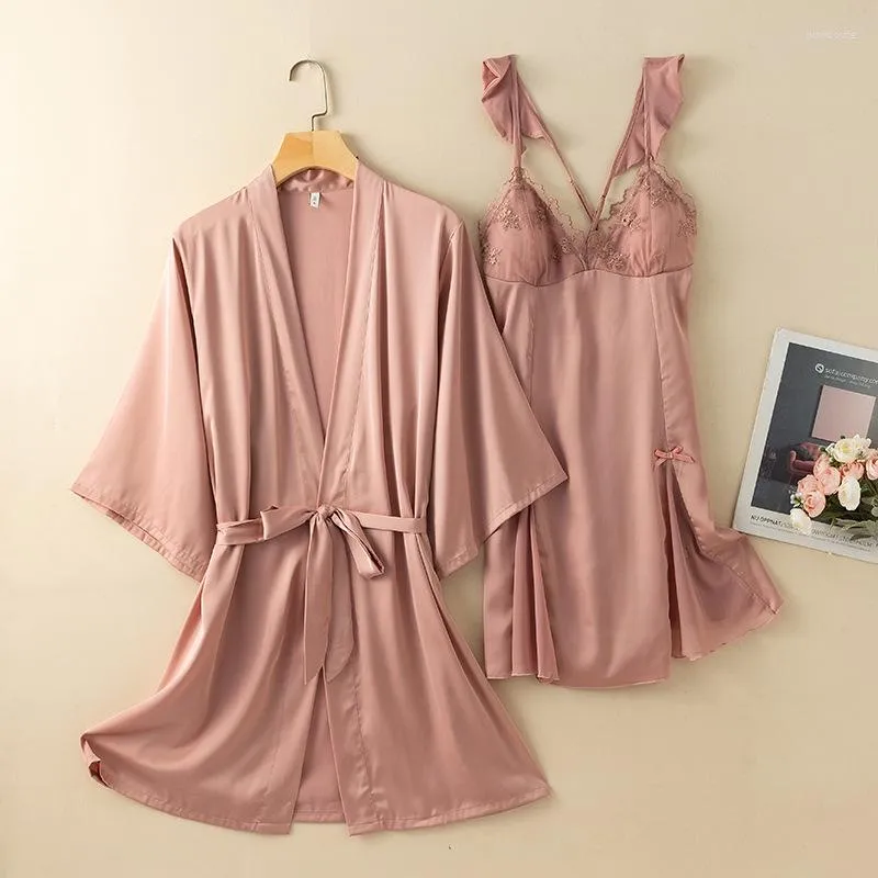 Vêtements de nuit pour femmes été femmes Kimono Robe Costume col en v sangle chemise de nuit deux pièces peignoir sommeil ensemble Satin dentelle vêtements de détente