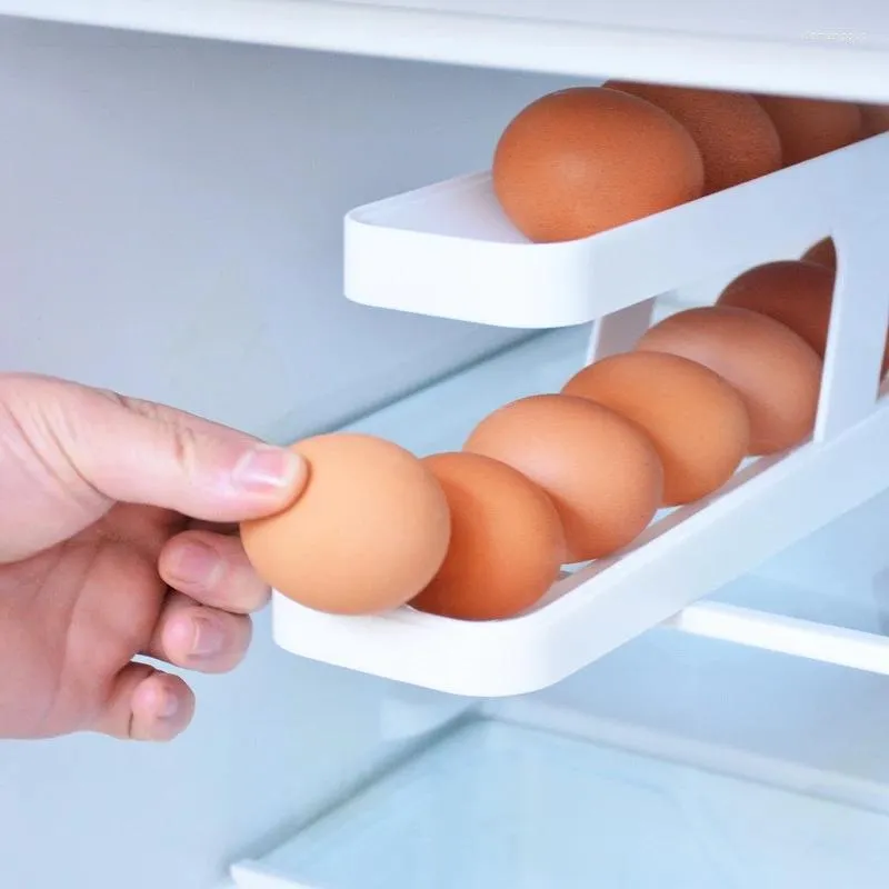 Storage Bottles Automatic Rolling Egg Holder Rack Fridge Box Container Kitchen Refrigerator Dispenser Organizer Tools