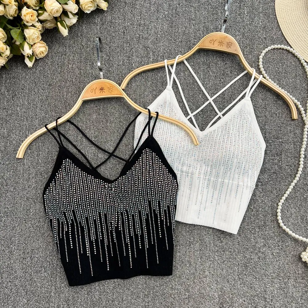 T-shirt Chic Glitter cekin camis seksowna backless fashion top Top Slim Corset Bustier Stanik Podstawowe paski Summer Kobiet imprez