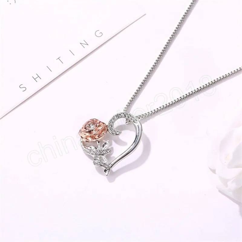 Creative Love Rose Heart Pendant Necklace For Women Exquisite Zircon Forever Necklace Romantic Valentine's Day Jewelry Gift