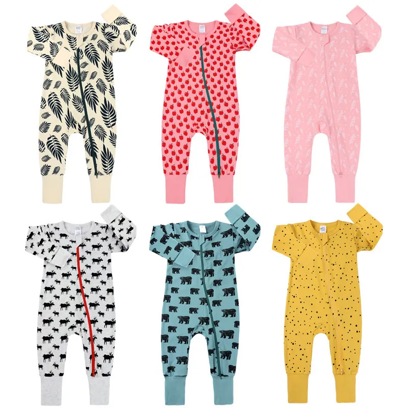 Rompertjes Lente Lange Mouwen Dieren Print Baby Jongens Meisjes Katoenen Jumpsuits Kinderkleding Klim Suits Suttont Rits Nachtkleding 230607