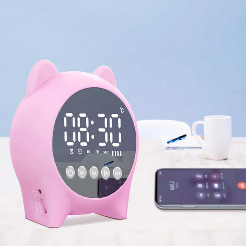 Haut-parleurs portables Haut-parleur avec horloge pour enfants, horloge mignonne, alarme, horloge Bluetooth avec carte de support de haut-parleur AUX avec radios d'alarme LED