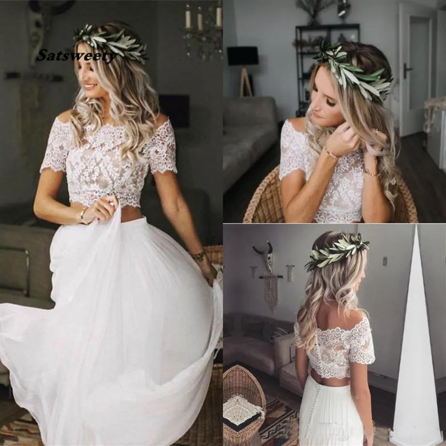 Summer Boho Two Pieces Wedding Dresses Boat Neck Kort ärmar Bohemiska strandbröllopsklänningar Lång Chiffon Brudklänningar314U