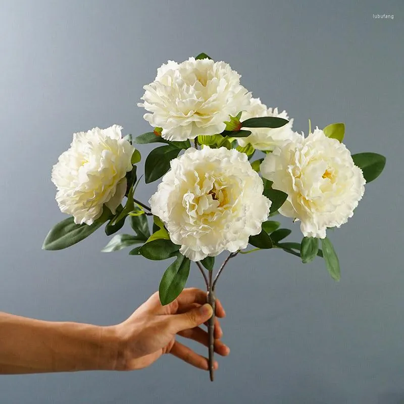 Fleurs décoratives 45 cm pivoine en soie blanche 5 têtes Bouquet artificiel haute qualité faux pour la décoration de mariage à la maison intérieur