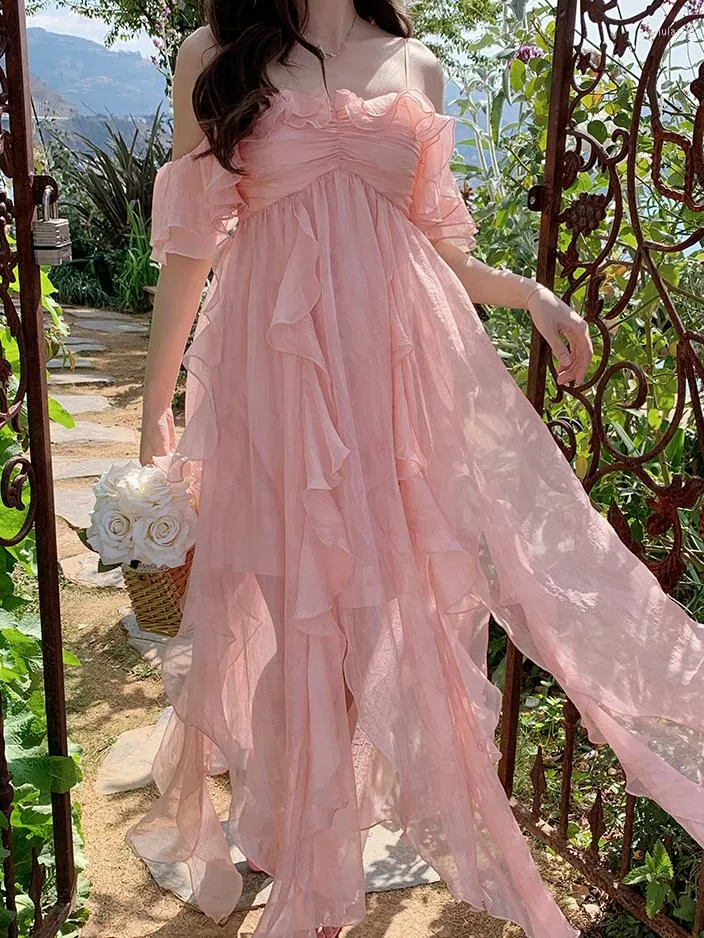 Vestidos Casuales 2023 Verano Rosa Dulce Midi Vestido Playa Color