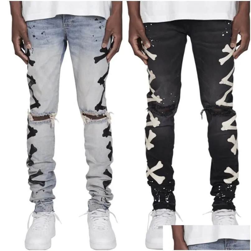 MenS Jeans Mens Bone Patternwork Jean Hombre Motorcycle Fall