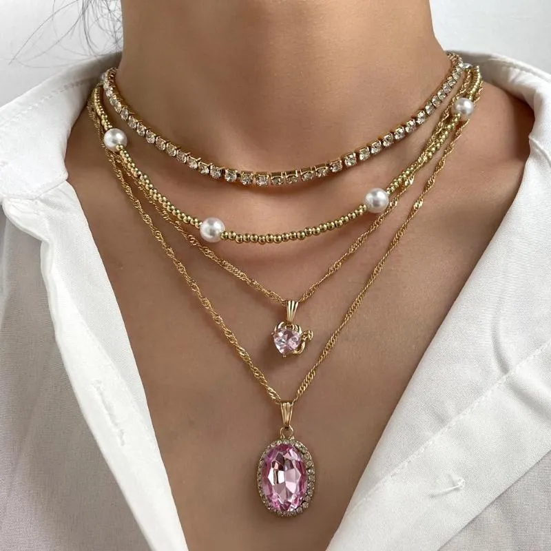 Kedjor Luxury Heart Rhinestone Tennis Chain Pendant Necklace For Women Multi-Layer Golden Pearls Pärled Choker Trendy Jewelry