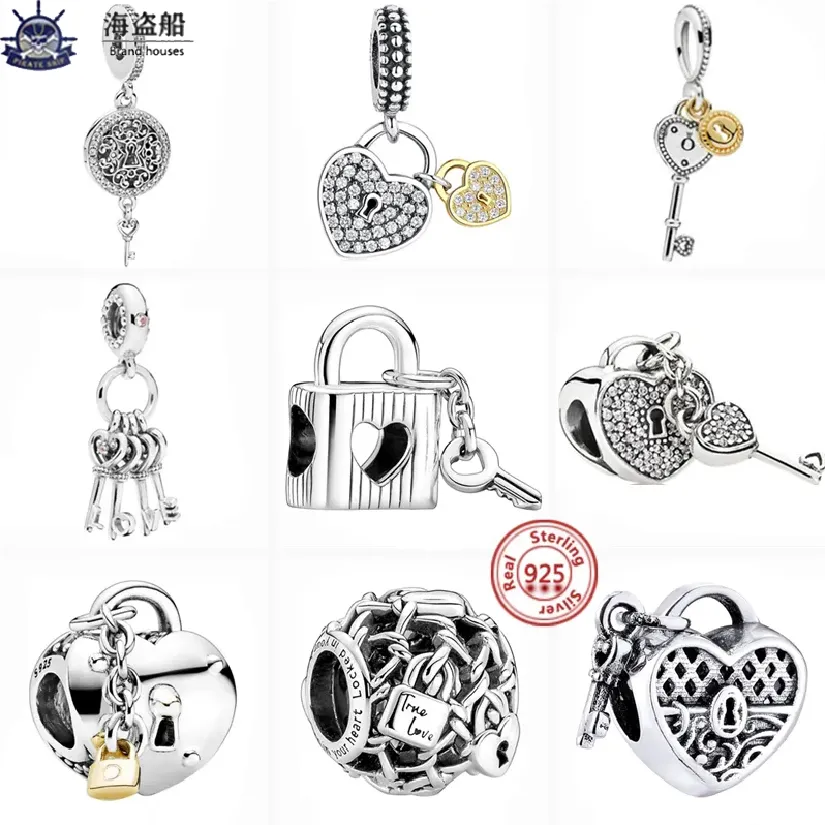 Dla Pandora Charms Authentic 925 Srebrne koraliki Dangle Openwork Chain Link Padlock Heart Block BEAD