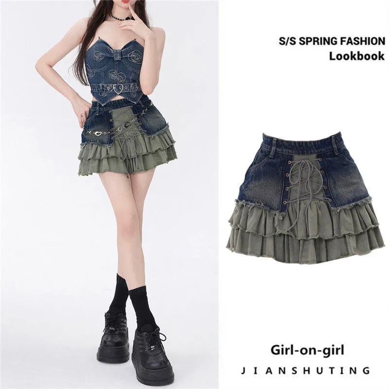 POPPY あさぎーにょCORSET GATHER DENIM SKIRT DHgate.com:Y2k Patchwork Denim Mini Skirt, Sweet Girl High