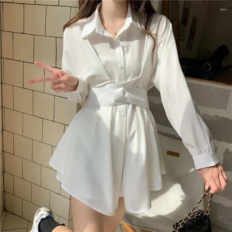 Повседневные платья корейская модная белая мини -платья рубашки Женщины Элегантный винтажный дизайн повязки Y2K Slim Short Prom 2023