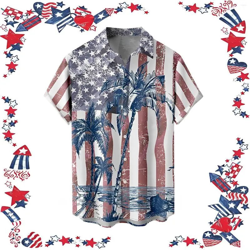 Men's Casual Shirts American Flag Print Shirt Top For 4th Of July Men's Independence Day Ethnic Coconut-tree Short-sleeve Camisa