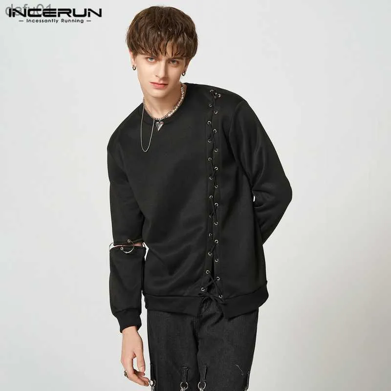 INCERUN 2023 Männer Hoodies Spitze Up Aushöhlen Oansatz Langarm Patchwork Sweatshirts Streetwear Stilvolle Casual Pullover S-5XL L230520