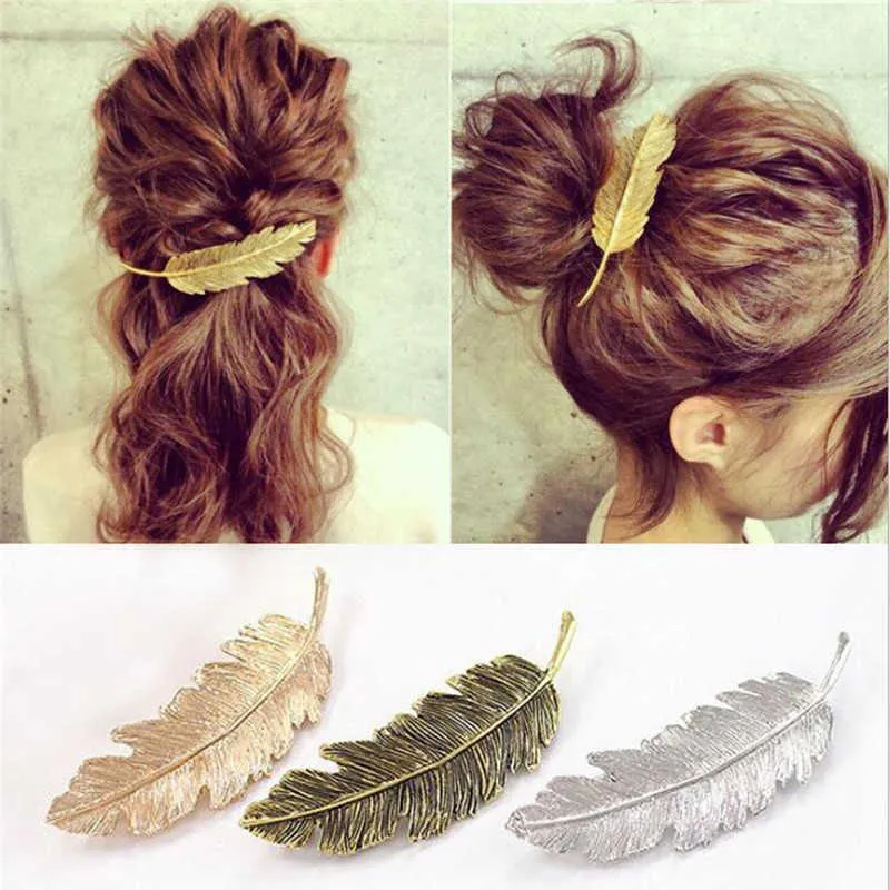 Dangle Chandelier 1PC Fashion Women Girls Gold Silver Leaf Feather Hair Clip Hairpins Girls Headband Barrette Bobby Pin Festival Hair Accessories Z0608