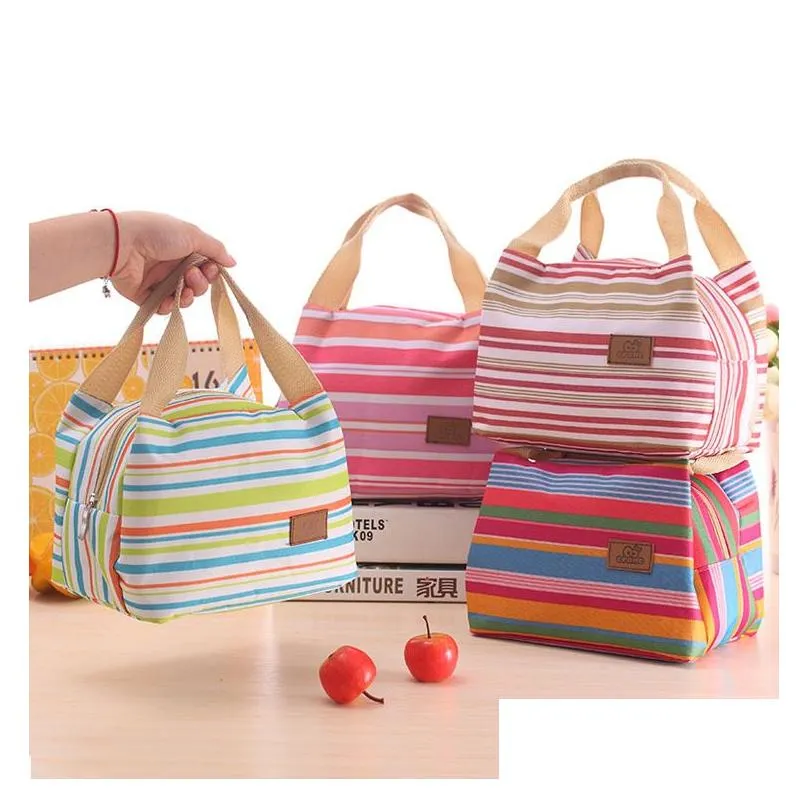 Lunch Boxes Bags Stripe Printing Bag Tote Box Oxford Cloth Cooler Aluminum Film Thermal Zipper Picnic Bags Mom Dbc Drop Delivery Hom Dhqaa