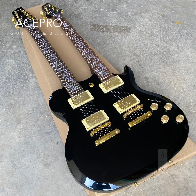 Guitarra elétrica de braço duplo Acepro preta com corpo de basswood esculpido em abalone com incrustações de haste personalizadas ferragens douradas Guitarra
