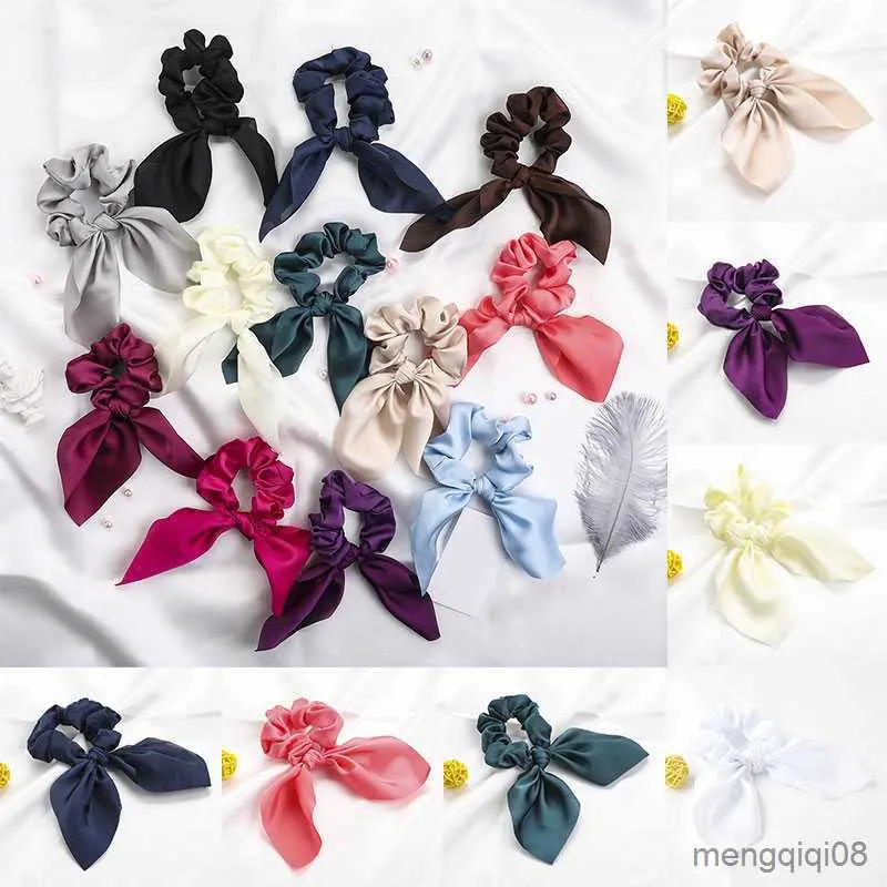 Annan ren färg elastisk hårband kanin öronbåge rep satin hästsvans scrunchie slips för kvinnor pannband accessorie r230608