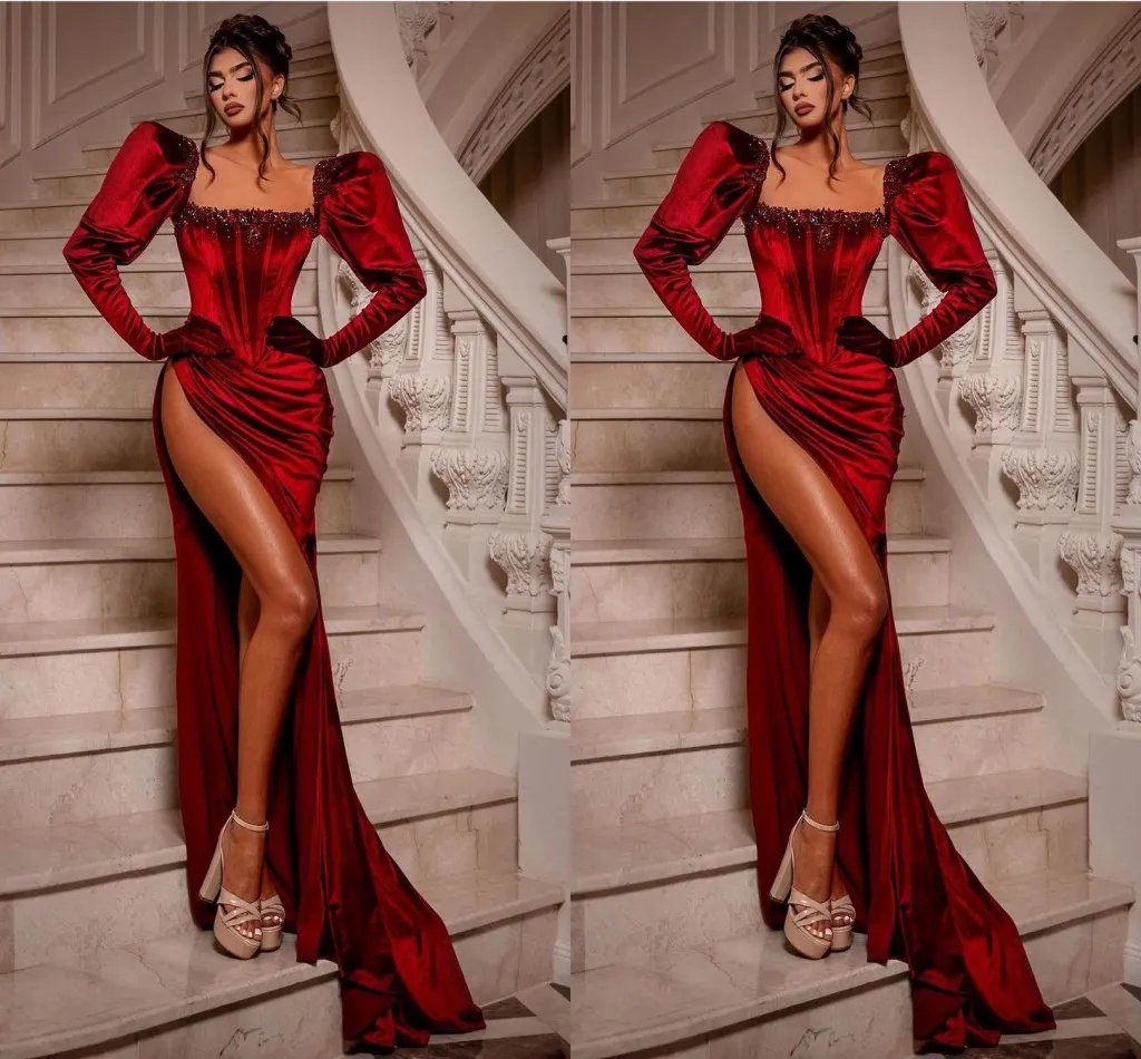 Sexy Red Mermaid Prom Dresses Long for Women Square Neck Long Sleeves Beads High Side Split Draped Party Dress Formal Birthday Pageant Celebrity Evening Gown