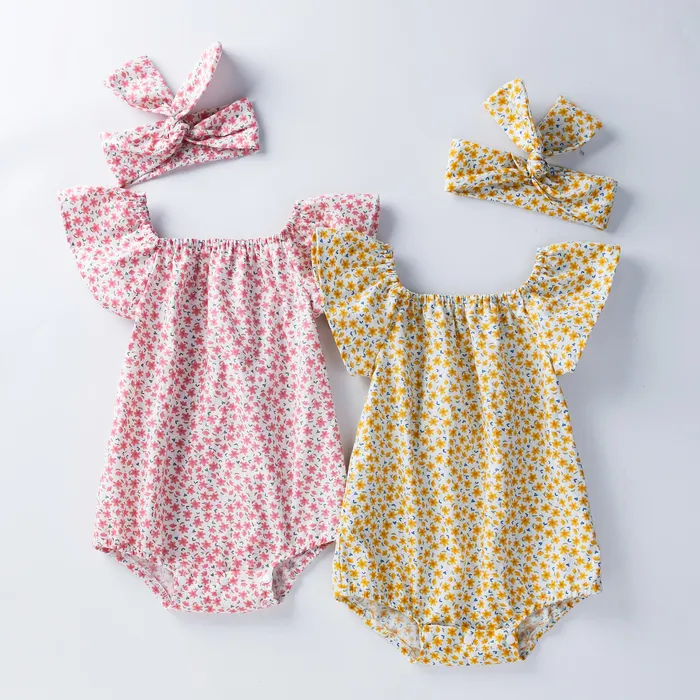 Rompers 02 år Babany Bebe Born Baby Girls Floral Romper For Babies kläder Kort ärm pannband 2st 230607