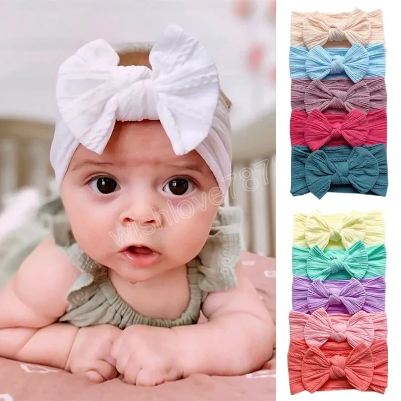 5 Pz/lotto Cavo In Maglia Arco Del Bambino Fasce Fasce Per Capelli di Nylon Elastico Grande Bowknot Fasce Per Capelli Morbidi Neonato Arco Turbante Avvolge la Testa