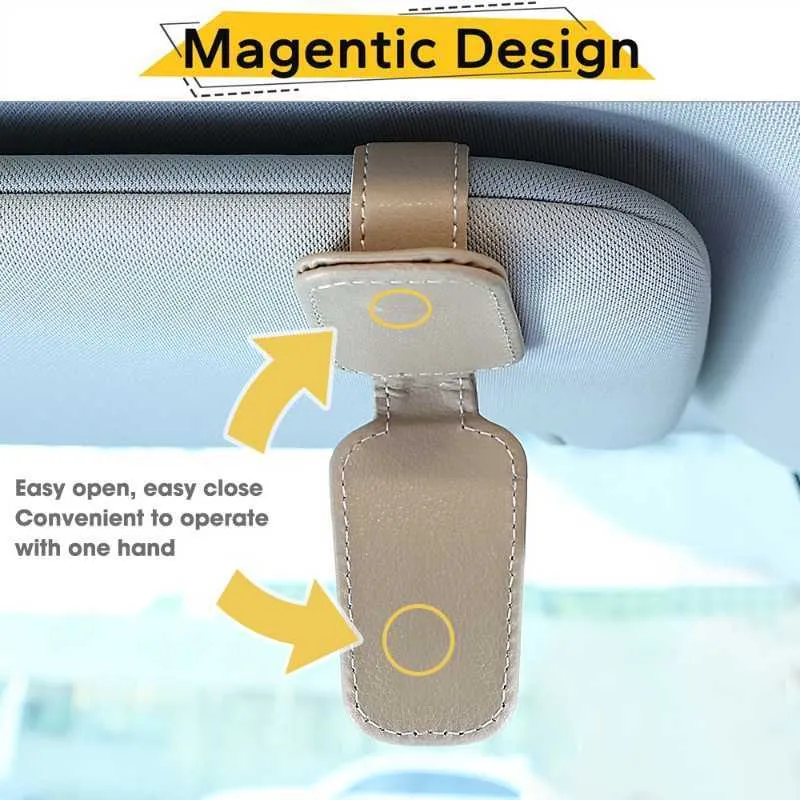 Magnetic Leather Sunglasses Holder For Car Visor - Double Clip Eyeglasses Organizer Beige