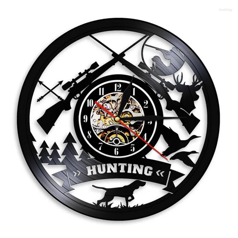 Zegary ścienne polowanie na logo znak broni zegar Zegar przygodowy rekord Przygoda Wilderness Tribal Decor Direve Prezent