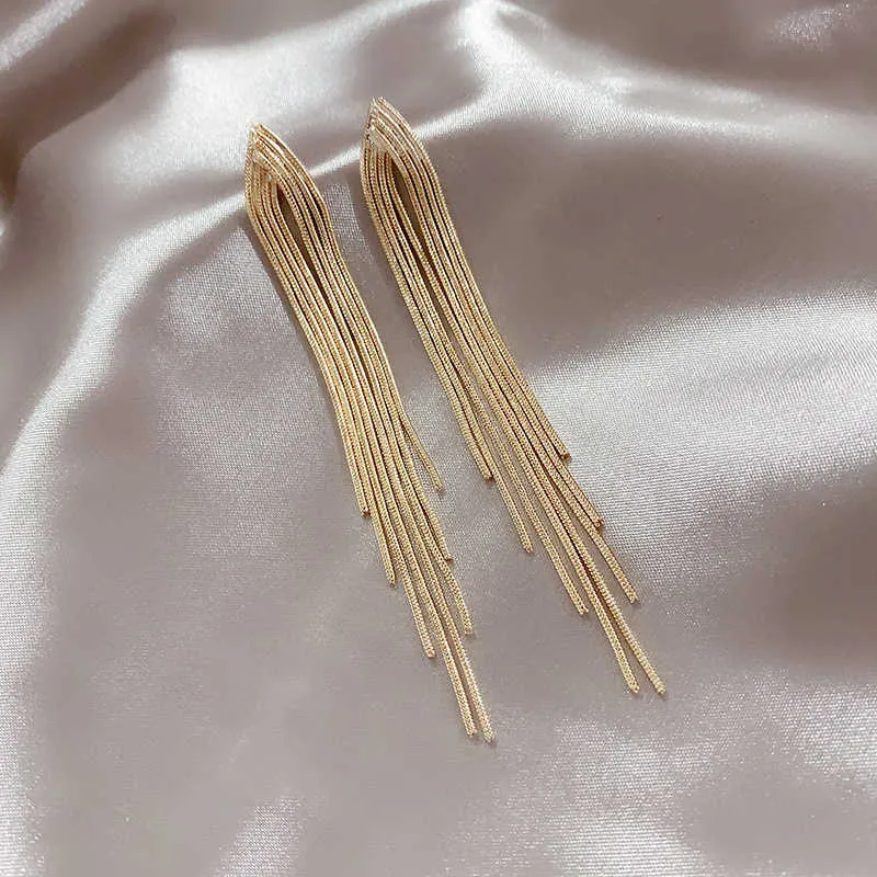 Dangle Chandelier Vintage Gold Color Bar Long Thread Tassel Drop أقراط للنساء اللامع القوس الهندسي الكوري المجوهرات 2021 New Z0608