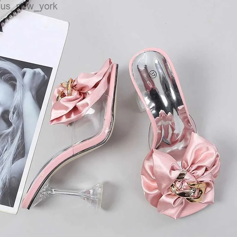 Transparent Slippers For Women 2023 Summer Fashion Pink Butterfly-knot Designer Sandals Clear Heels Size 46 Female Shoes L230518