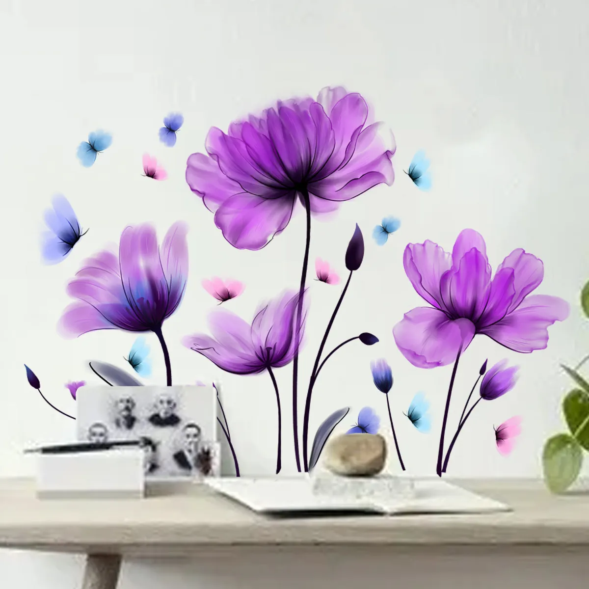 Wall Stickers Purple Flowers Home Room Decoration Bedroom Living Room Adhesive Bathroom Wall Furniture Door House Interior Decor