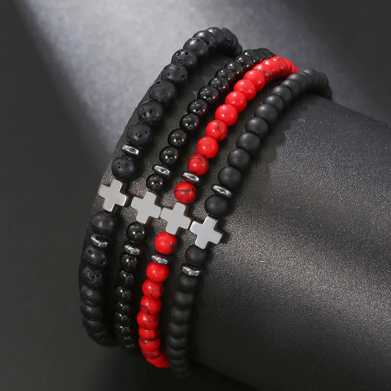 4mm Natural Stone Handmade Cross Beaded Strands Charm Bracelets Party Club Elastic Jewelry For Men Women