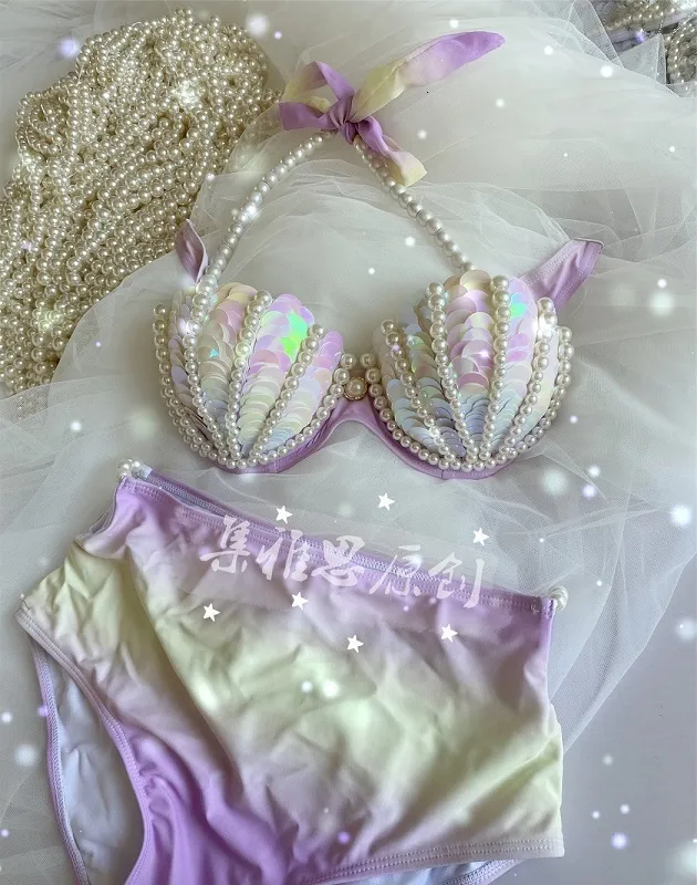 Gradient Purple Mermaid Beaded Bikini Sets With Sequin Pearl Shell