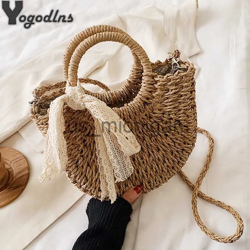 Abendtaschen Strohtasche Frauen Handgewebte Handtasche Mondform Spitze Schleife Rattan Tasche Große Kapazität Kordelzug Lässige Strand Schulter Umhängetasche J230608