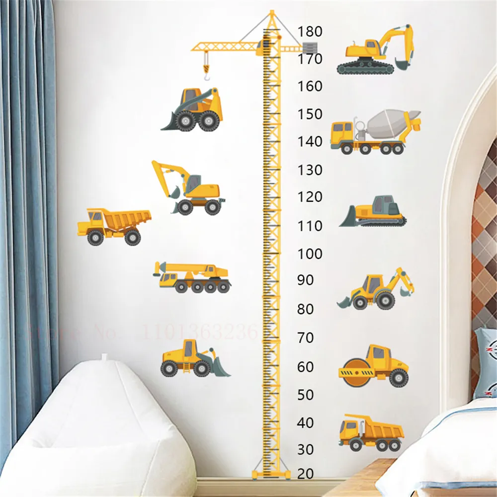 Construction véhicule tour grue hauteur autocollants pour chambre d'enfants maternelle bébé mesure hauteur règle Stickers muraux garçons cadeau