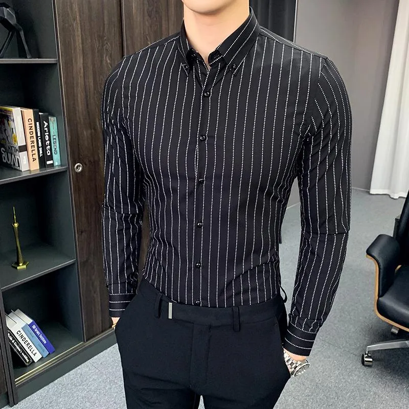 Chemises décontractées pour hommes Camisa De Hombre Elegante Stripe White Chemise à manches longues Mens Office Dress Social Business Work Black QualityMen's