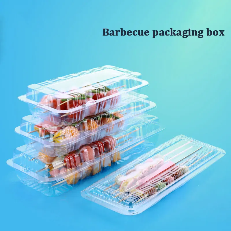 Caja de embalaje de barbacoa rectangular transparente de plástico desechable, caja de pinchos para llevar