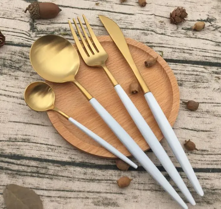 Portugal pointed tail cutlery knife and fork spoon Hotel 304 stainless steel western tableware The white handle golden flatwar