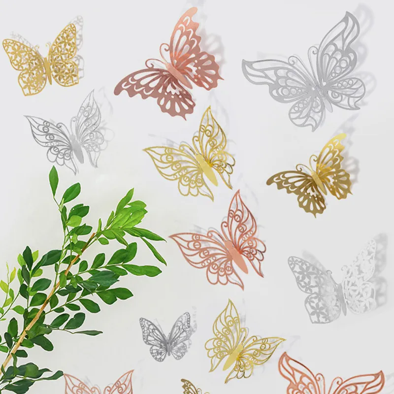 Adesivo de borboleta 3D oco 12 unidades, ouro rosa, prata colorido, vidro de parede, janela, papel brilhante, adesivos para casa, decorações de ano novo
