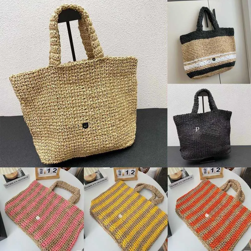 New P-Letter Beach Bags Women Straw Designer Bag Woven Luxurys Handbag Lafite Straw Shopping Bags Summer Tote Bag Purse 230318
