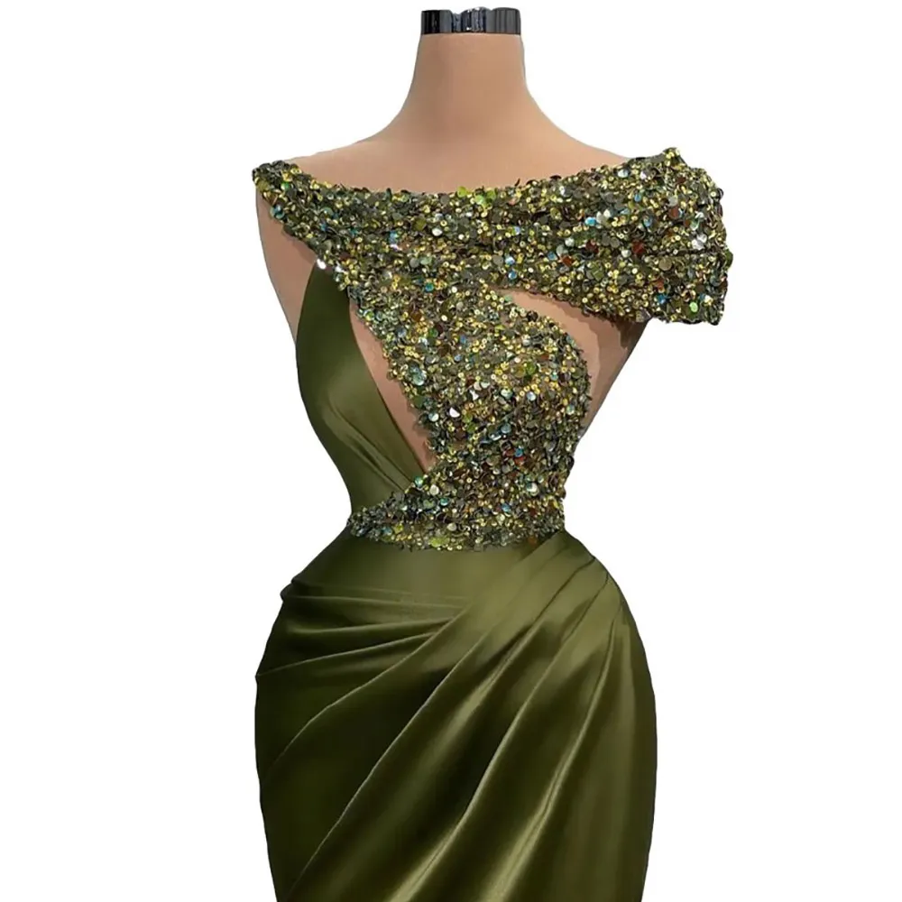 Mermaid Style Prom Dresses: Olive Green Evening Gown, Satin Silk, Sequined  Short Sleeves, Crystal Pleated Formal Dress From Babybeautiful, $108.55 |  DHgate.Com