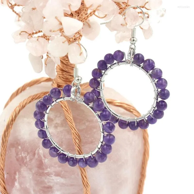 Dangle Earrings Natural Crystal Stone For Women Big Circle Round Beaded Pink Quartz Amethysts Purple Healing