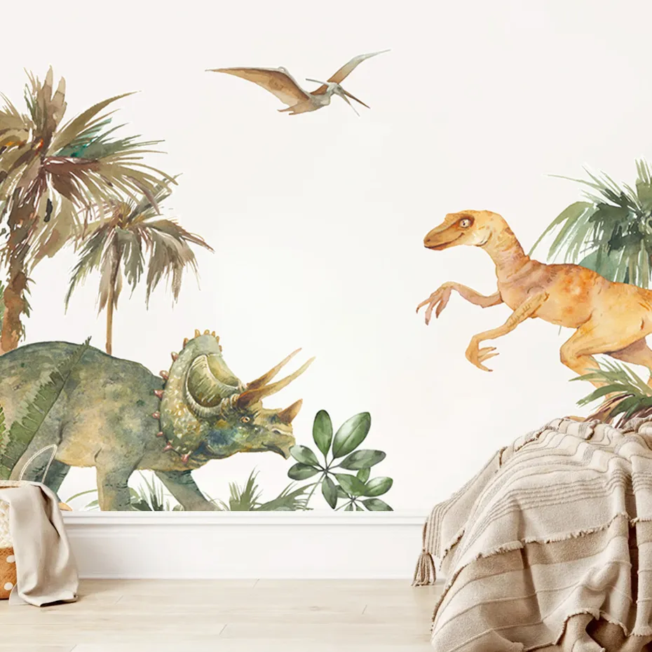 Tecknad triceratops dinosauri park akvarell vägg klistermärke för barn rum pojke rum dekoration barn lekrum heminredning